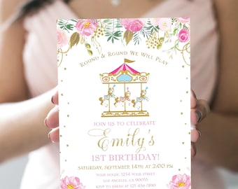 EDITABLE Carousel Birthday Invitation, Pink & Gold Carousel Birthday Invite, Carnival Invite, Carousel Birthday Party, Printable Template