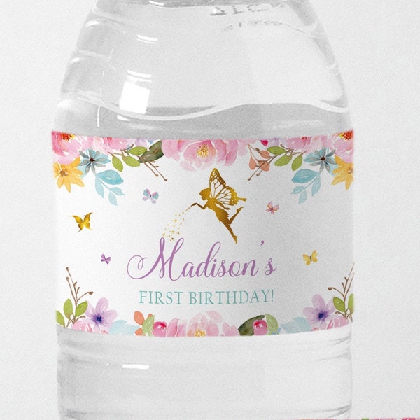 Editable Fairy Floral Water Bottle Label Fairy Birthday Party Water Bottle Labels Printable Water Labels Fairy Birthday Template B2