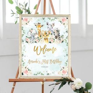 Safari Birthday Welcome Sign, Editable Jungle Animals Shower Sign, Wild One Birthday Party, Tropical Safari Party Decorations, Printable