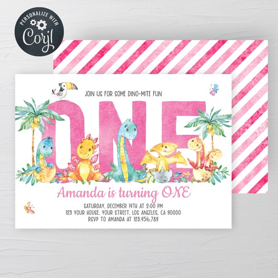 Girl Dinosaur Birthday Invitation TRex Birthday Invite Dinosaur Birthday Party Girl 1st Birthday Invite Printable Dinosaur Instant Download