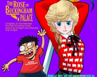 Könnte beinhalten: Ein Comic-Cover mit einem violetten Hintergrund. Der Titel lautet "BIGBANG! manga" und der Untertitel "THE ROSE OF BUCKINGHAM PALACE". Das Cover zeigt eine blonde Frau mit einem roten Pullover und einem Schwert, einen Comic-Mann mit einem roten Shirt und blauen Shorts und einen grünen Drachen.