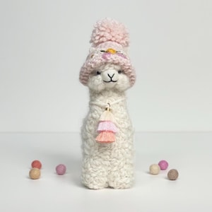 Needle Felted Alpaca Figurine: Embroidered Floral Hat, Tassel Accessory