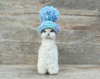 Alpaca Figurine with Blue-Purple Pom Pom Knitted Hat for Animal Lover Gift / Beautiful Handmade Needle Felted Alpaca Figurine