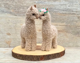 Cuddling Alpaca Couple with Pink and White Flowers for Wedding Cake Topper or Wedding Anniversary Gift/Handmade Needle Felted Alpaca Figures