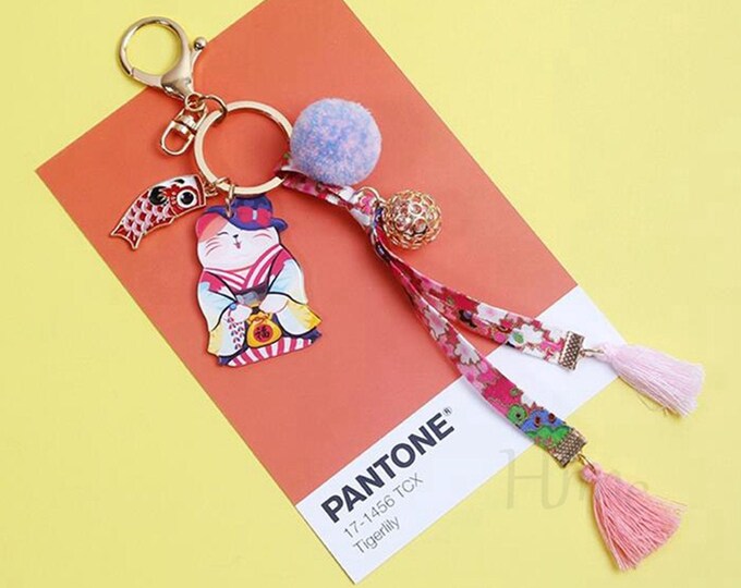 Ukiyoe Fabric Key Chain, Kawayi Fortune Cat Car Key Hanging, Handmade Keychain, Japanese Style