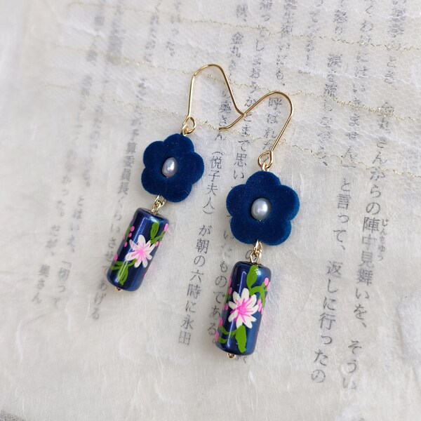 Japanese Muti-color Sakura Earrings, Fabric Flower Earrings, Navy Blue Lavender Yellow Atrovirens Felt Earrings, New Release Earrings