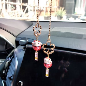 Fortune Cat Car Charm, Amulet Sakura Car Chain, Kawaii Car Hanger, Japanese style Car Accessories, Maneki Neko