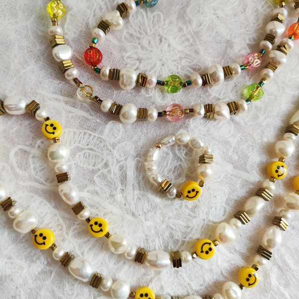Baroque Pearl Ceramics Smiley Face Necklace & Ring, Smiling Face Accessories, Colorful Happy Face Pendants Jewelry