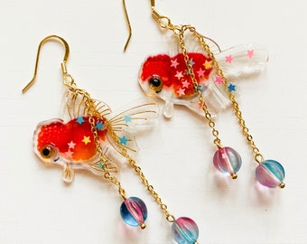 Goldfish Earrings, Fish Drop Earrings, Miniature Fish Earrings, Shiny Star Earrings, Emulation Animal Earrings,