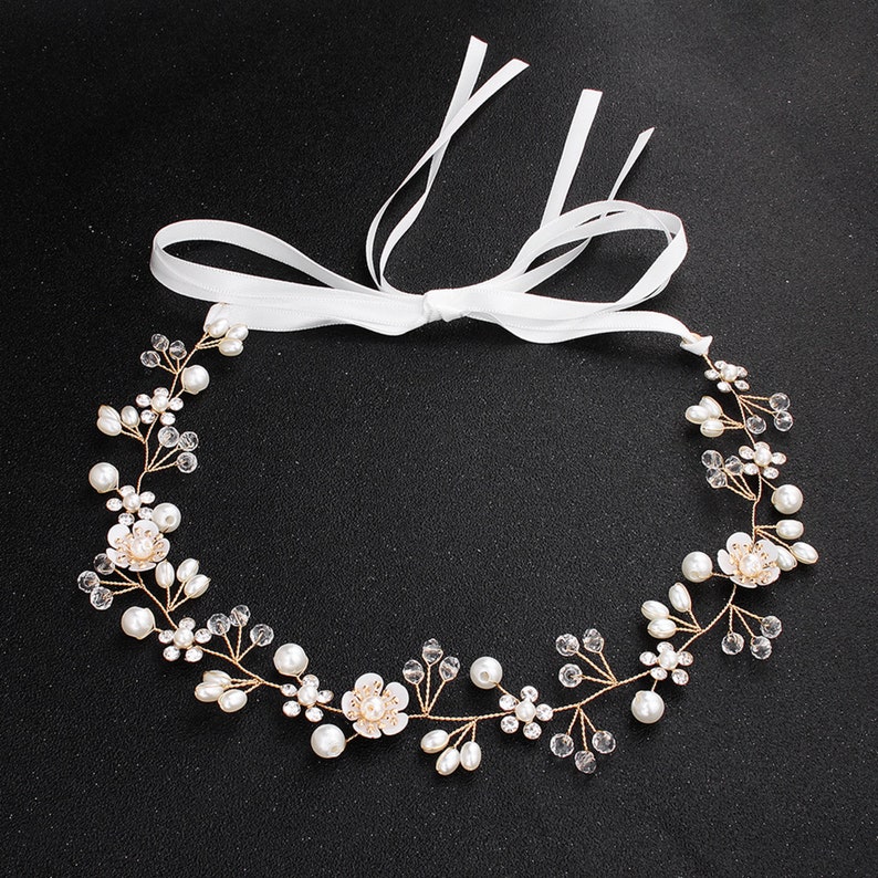 Golden Headpiece Wedding Flower Hair Ribbon Bridal Hair Accessories 2021 Headband for Gift Pearl Hair Band Wedding Headband Accessories