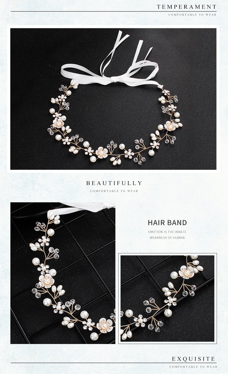 Golden Headpiece Wedding Flower Hair Ribbon Bridal Hair Accessories 2021 Headband for Gift Pearl Hair Band Wedding Headband Accessories
