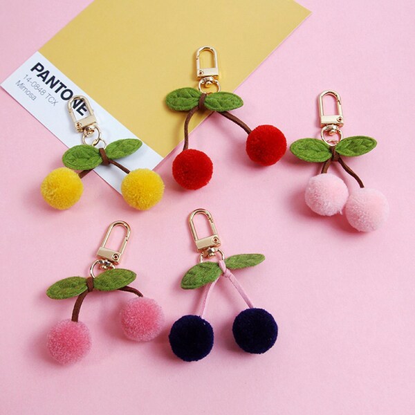 Pompon Cherry Pod Case Charm, Fluffy Kawaii Phone Case, Felt Fruit Key Charm, Japanese Cute Chain