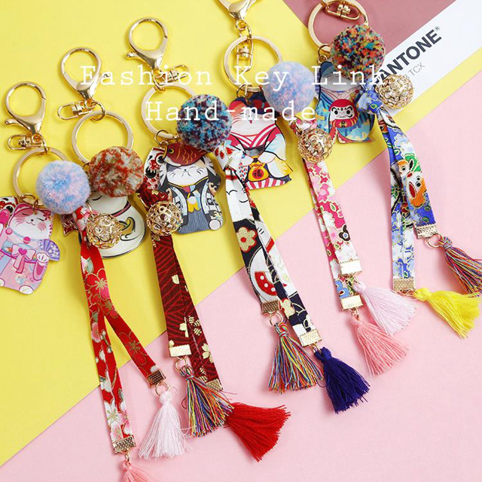 Ukiyoe Fabric Key Chain Kawayi Fortune Cat Car Key Hanging Etsy