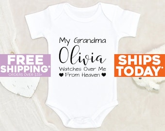 Cute Grandma In Heaven Onesie® My Grandma Watches Over Me From Heaven Personalized Onesie® Unisex Personalized Baby Clothes Baby Shower Gift