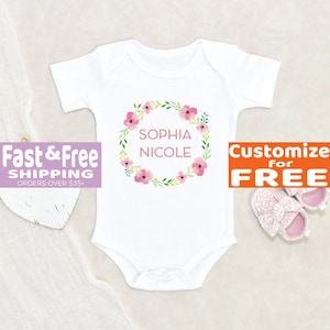 Floral Wreath Baby Onesie® Pink Flowers Personalized Name Baby Girl Onesie® Baby Girl Onesie® Baby Announcement Onesie® Baby Shower Gift