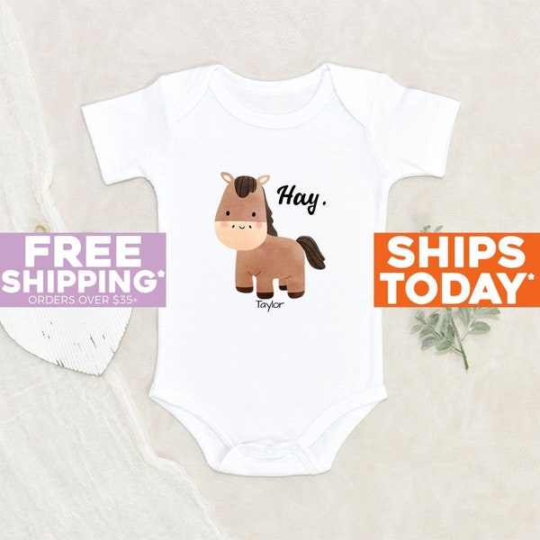 Horse Baby Onesie® Hay Personalized Name Baby Onesie® Trendy Baby Onesie® Custom Baby Clothes Cute Animals Baby Onesie® Baby Shower Gift