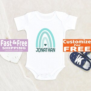 Personalized Baby Onesie: Blue Rainbow Name, Custom Text