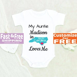 Auntie's State Onesie® My Auntie In North Carolina Loves Me Personalized Name Baby Onesie® Unisex Baby Clothes North Carolina Baby Clothes