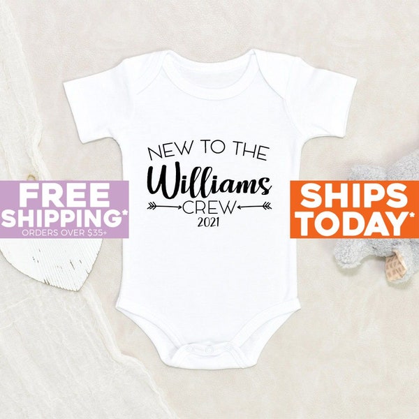 Baby Announcement Onesie® New To The Crew Personalized Last Name Baby Onesie® Baby Shower Gift Pregnancy Announcement Onesie® Custom Onesie®
