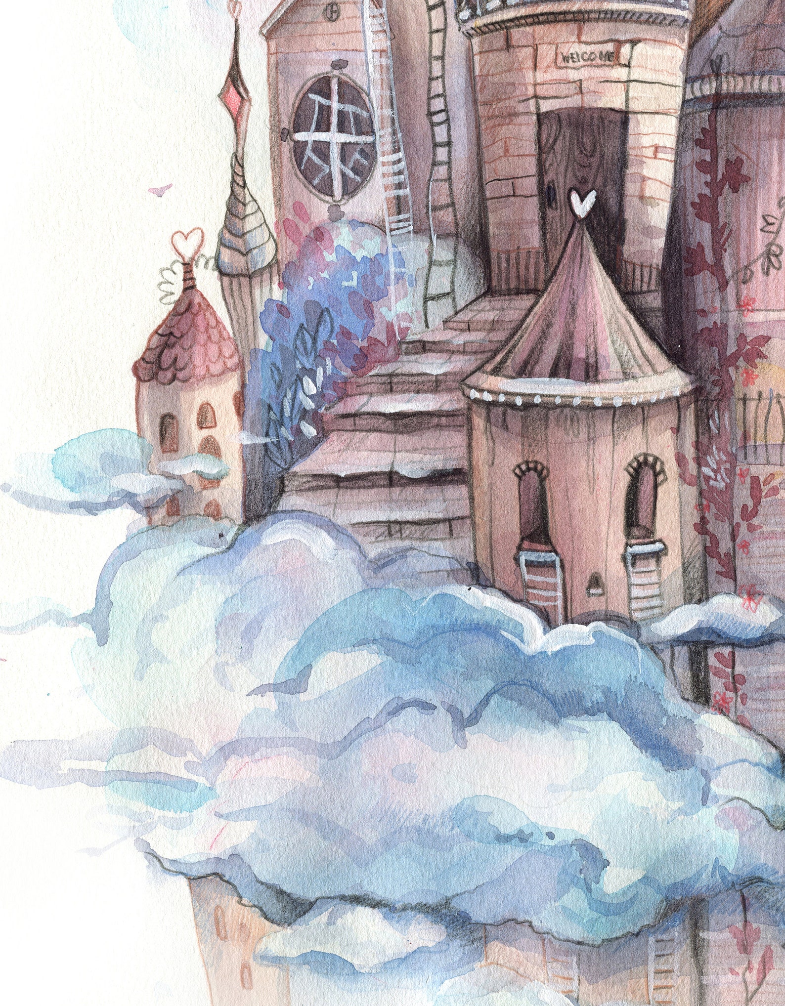 Princess watercolor castle / Castle wall art / Original Etsy