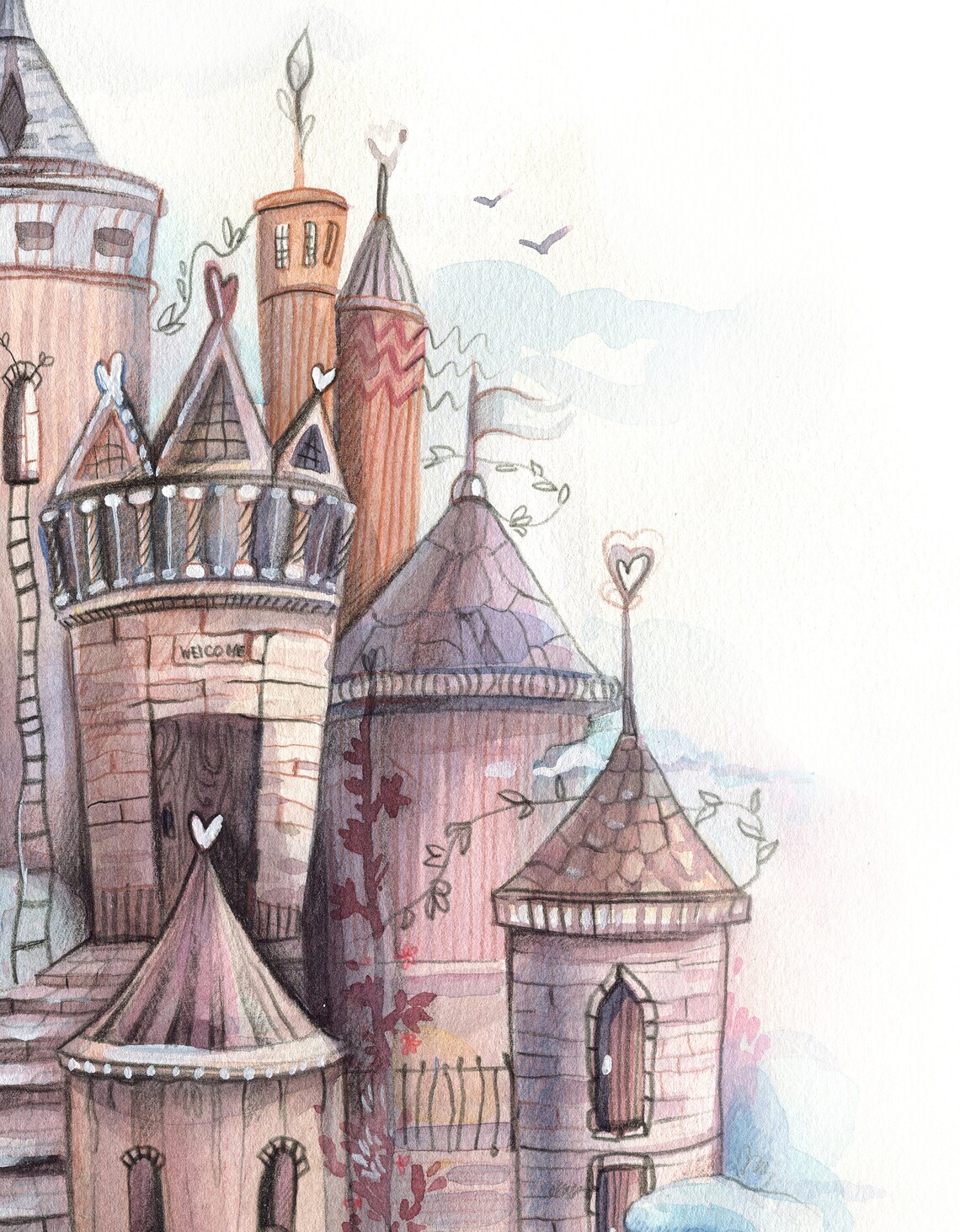 Princess watercolor castle / Castle wall art / Original Etsy