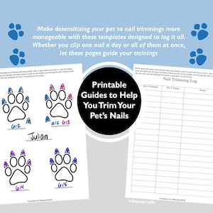 May include: Printable paw print templates for tracking your pet's nail trimming progress. The templates feature paw prints with numbered toes and a log sheet for recording dates, pet's name, and notes.  "Printable Guides to Help You Trim Your Pet's Nails" is written in black text on a circle.