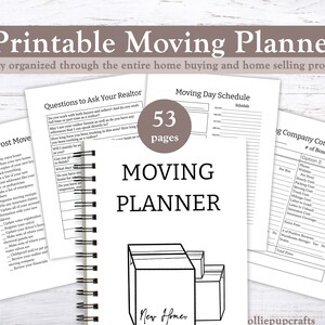 Könnte beinhalten: Ein druckbarer Umzugsplaner mit Spiralbindung, für den Kauf und Verkauf von Häusern. Auf dem Cover steht "MOVING PLANNER" und eine Grafik von Umzugskartons. Enthält 53 Seiten mit Checklisten und Zeitplänen.