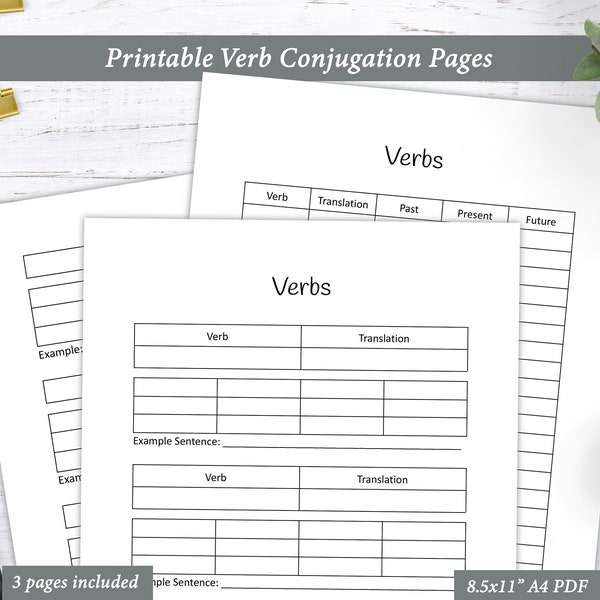 Language Learning Printable, Verb Tenses, Language Learning Planner, Verb Conjugation Worksheets, Language Study Journal for Students