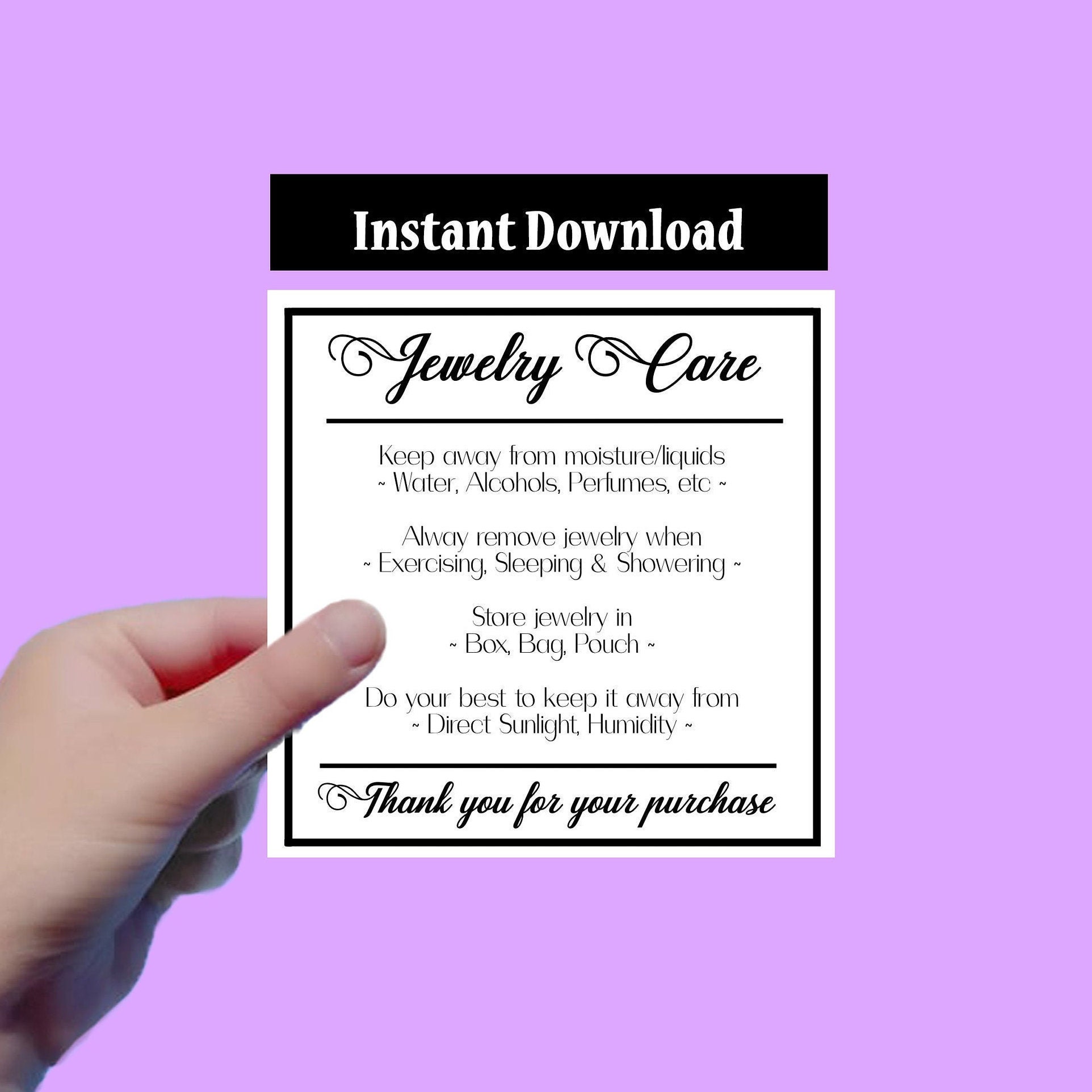Printable Jewelry Care Card, Care Instructions for Jewelry, Printable