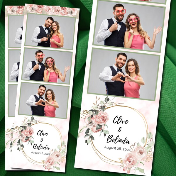 Photo Booth Template Blush Pink Flowers, Roses, Birthday, Quinceañera, Wedding, Event 2x6 Strips Photobooth 3 Up Digital Download 081