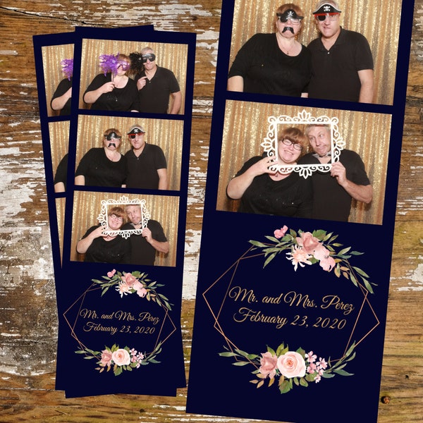 Dark Blue & Pink Floral Geometric Gold Frames Photo Booth Template 2x6 Strip, Wedding, Quinceañera, Birthday, 3 Up Digital Download 056DB