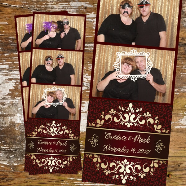 Photo Booth Template 2x6 Strip Burgundy and Gold Quinceañera Wedding Birthday Shower Photobooth 3 Up Digital Download 035