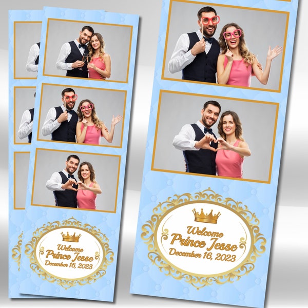 Photo Booth Template 2x6 Strip Baby Blue & Gold Wedding Birthday Quinceañera Prince Princess Shower Photobooth 3 Up Digital Download 002