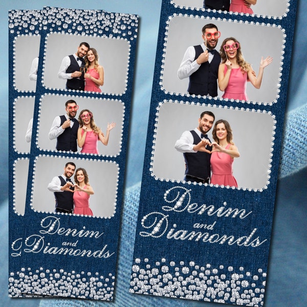 Photo Booth Template Blue Jean Denim & Diamonds, Birthday, Quinceañera, Wedding, Event 2x6 Strips Photobooth 3 Up Digital Download 053