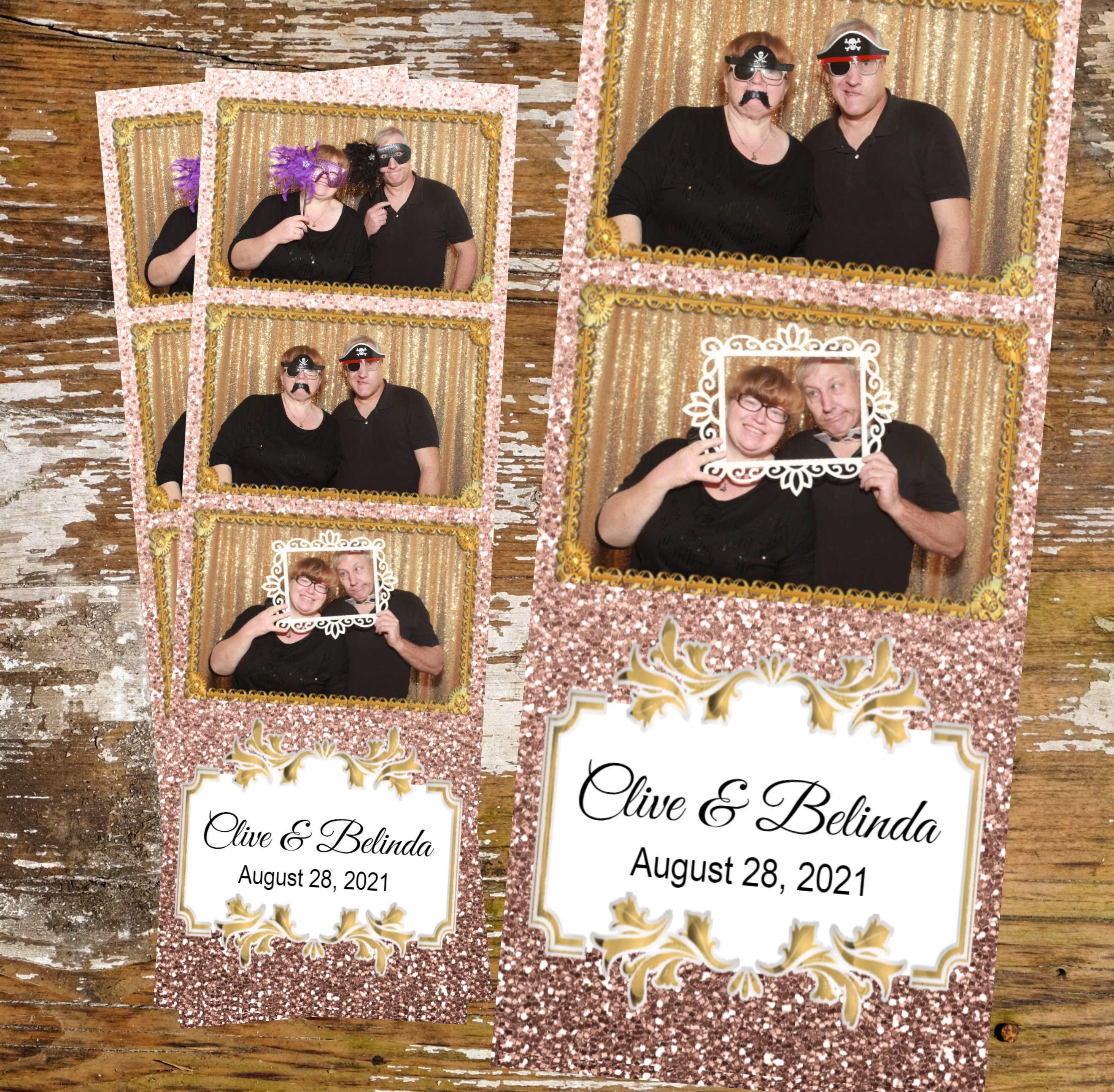 Pink, Rose Gold Glitter Photo Booth Strip 2x6, Gold Frames, Birthday Party,  Wedding, Quinceañera Photobooth 3 up Digital Download Overlay 