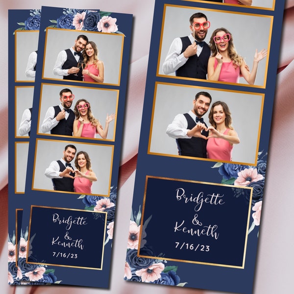 Photo Booth Template Navy Blue, Gold, Dusty Blue, Blush Pink, Birthday, Quinceañera, Wedding 2x6 Strips Photobooth 3 Up Digital Download 052