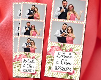 Photo Booth Template 2x6 Strip Pink Floral Gold Herringbone Background Wedding Quinceañera Birthday Photobooth 3 Up Digital Download 014