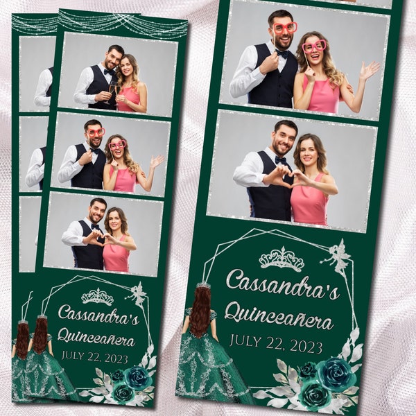 Photo Booth Template Emerald Green, Silver Fairy Sweet 16 Quinceañera Princess Girl Tiara 2x6 Strips Photobooth 3 Up Digital Download 051