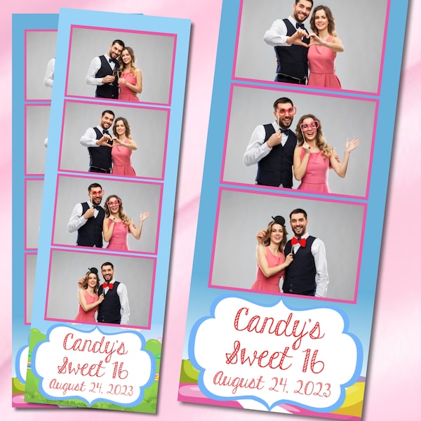 Photo Booth Template 2 Sweet 16 Quinceañera 2x6 Strips Candy Land First Birthday Baby Shower Photobooth 4 Up Digital Download 012 and 012A