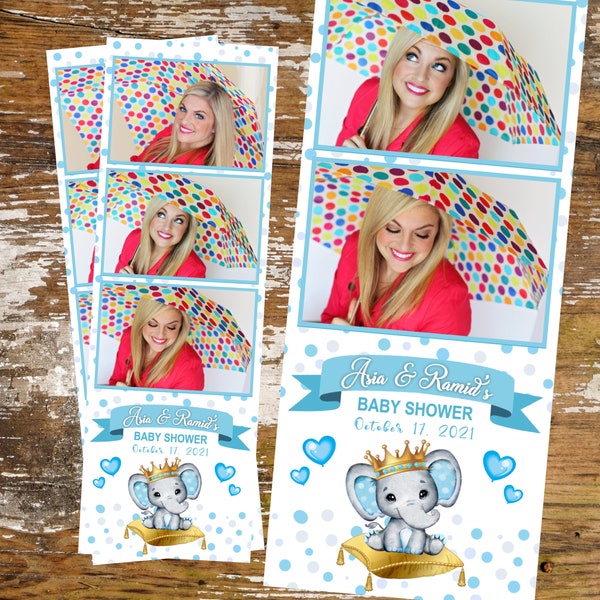 Blue, Grey & Gold Baby Shower Royal Elephant Prince, Crown Photo Booth Template 2x6 Strip, Photobooth 3 Up Digital Download