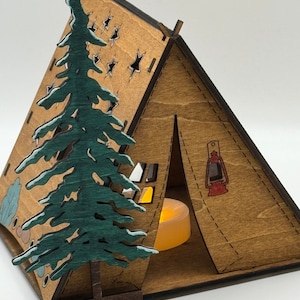 Wooden Tent Night Light Unique gift for Boss home office Rustic Table centerpiece wood lodge decor camping gift Tree star moon pattern lamp