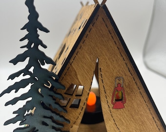 Handcrafted Wooden Tent Night Light outdoor design for Kids and Adults comes with a Battery Tea Light, Laser Cut handpainted, camping, gifts