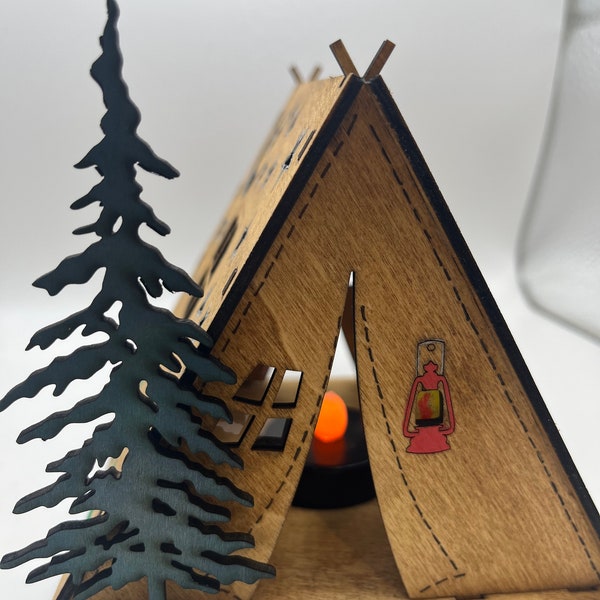 Handcrafted Wooden Tent Night Light outdoor design for Kids and Adults comes with a Battery Tea Light, Laser Cut handpainted, camping, gifts