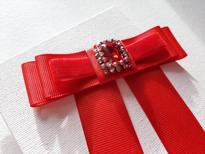 Red Ribbon Bow Brooch for Collar. Neck Bow With a Rhinestone Etsy