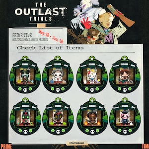 Może przedstawiać: Obraz promocyjny dla "The Outlast Trials" z listą kontrolną przedmiotów. Obraz zawiera ilustracje postaci w zielonych, owalnych ramach. Tekst zawiera "Prime Time" i daty "28 maja - 18 czerwca". Tło przedstawia grafikę w stylu komiksowym.