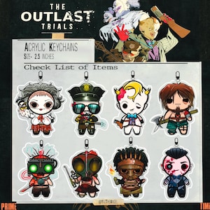 Puede incluir: Llaveros acrílicos con personajes de "The Outlast Trials". Cada llavero mide aproximadamente 6,35 cm. La imagen incluye una variedad de diseños de personajes coloridos estilo caricatura, cada uno con características y accesorios únicos. Los llaveros están sujetos a un anillo metálico.