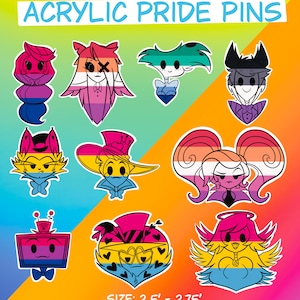 May include: A collection of colorful acrylic pride pins featuring various cartoon characters. The pins showcase different pride flags, including bisexual, lesbian, pansexual, and asexual. Each pin measures between 2.5 and 2.75 inches. The text "ACRYLIC PRIDE PINS" is at the top.