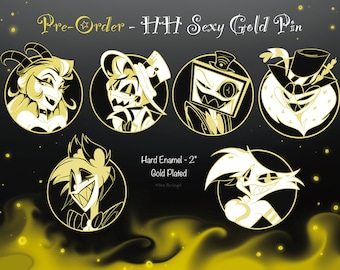 PRE-ORDER - Hellish Demons HH Alastor - Angel Dust - Lucifer - Lilith - Vox - Valentino - Golden Hard Enamel Pins