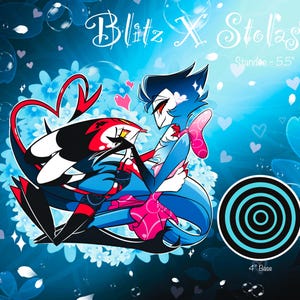 May include: A standee featuring two cartoon characters, one black and red, the other blue, with the text "Blitz X Stolas". The standee is 5.5 inches tall and has a 4-inch base. The background is blue with hearts and flowers.