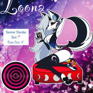 May include: A digital illustration of Loona, a wolf-like character, in a seated pose on a red platform. The artwork features a starry bodysuit, black and white fur, and the text "Loona". The standee is 7 feet tall with a 4-foot base.